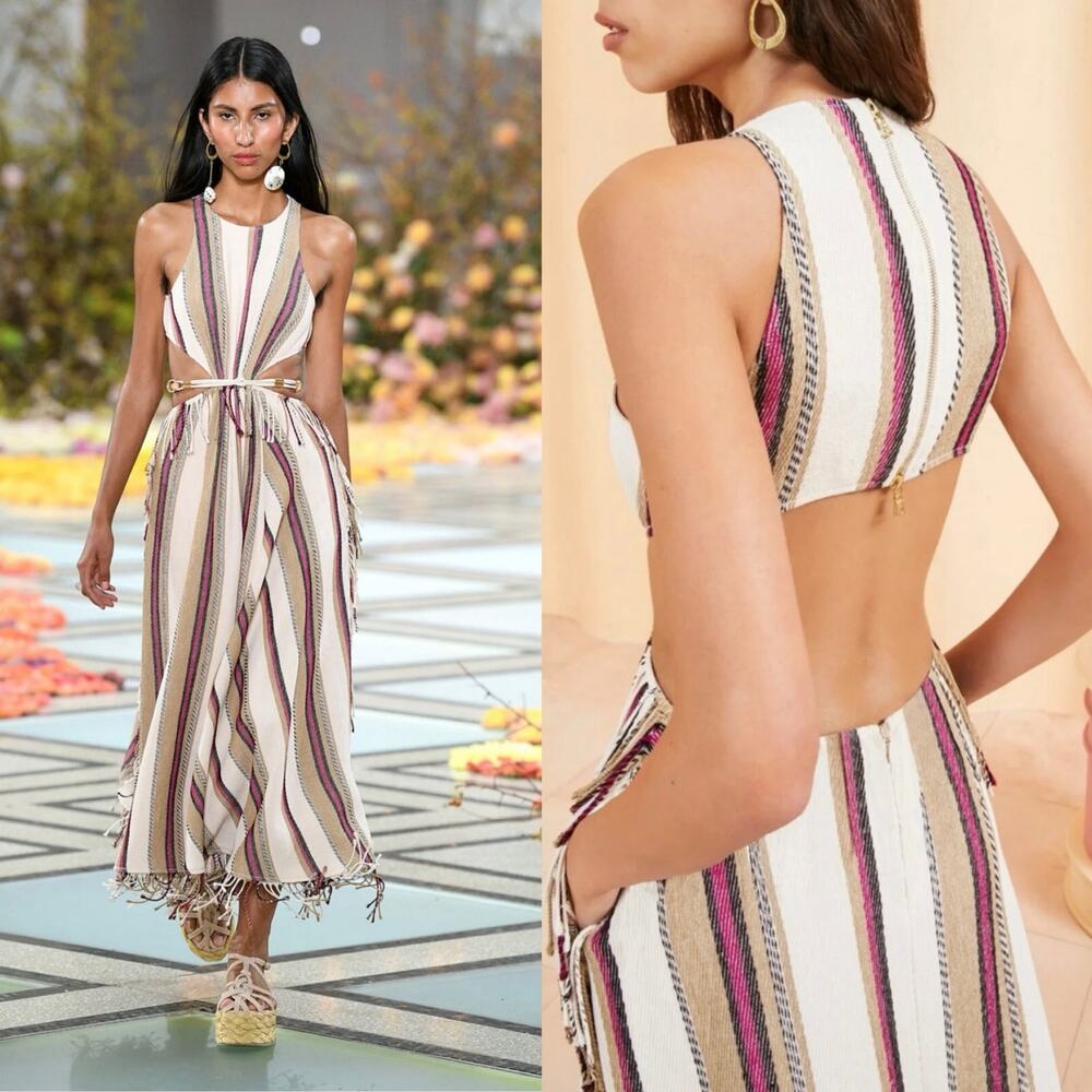 Ulla Johnson Caterina Maxi Dress Cream Linen Striped Cut Out Fringe Boho Size 6 - Picture 16 of 16